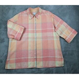 Liz Claiborne Linen Top Peach Plaid Camp Shirt Womens XL Preppy Coastal Beachy